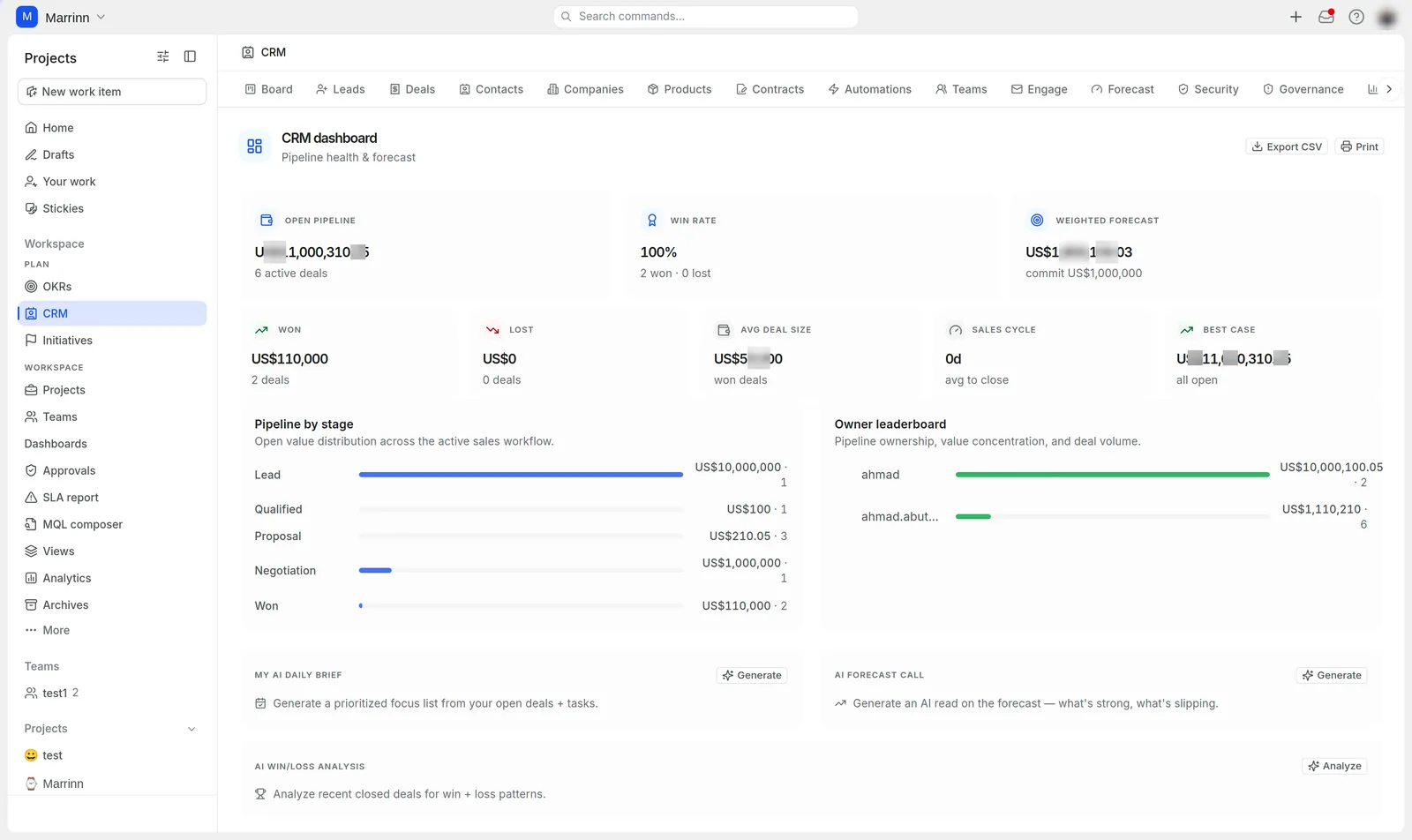 CRM dashboard