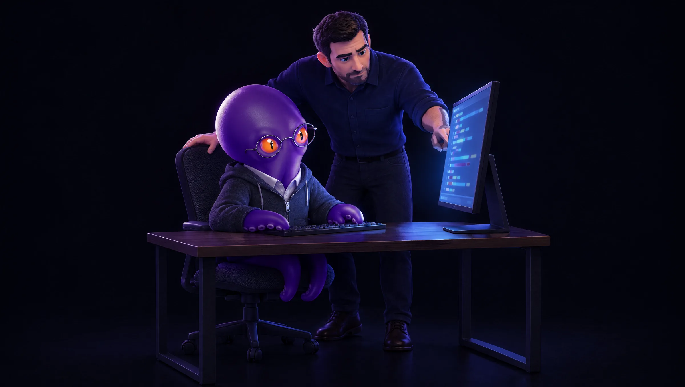 A Marrinn Squid at a desk with code on screen, and a Marrinn engineer leaning in over its shoulder, pointing at a line on the screen.